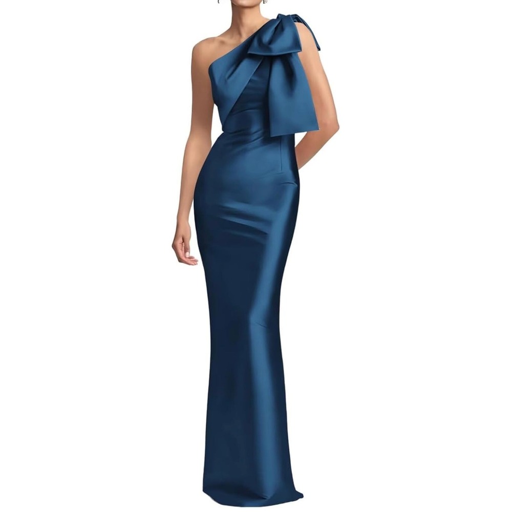 One Shoulder Satin Bow Gown Teal‎ Blue Formal Maxi Dress Evening Gala Wedding